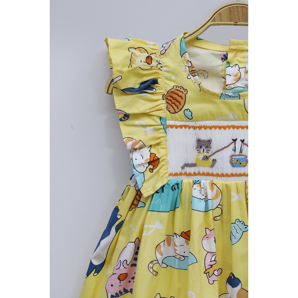 Cute Smocked Dress with Cat Motifs