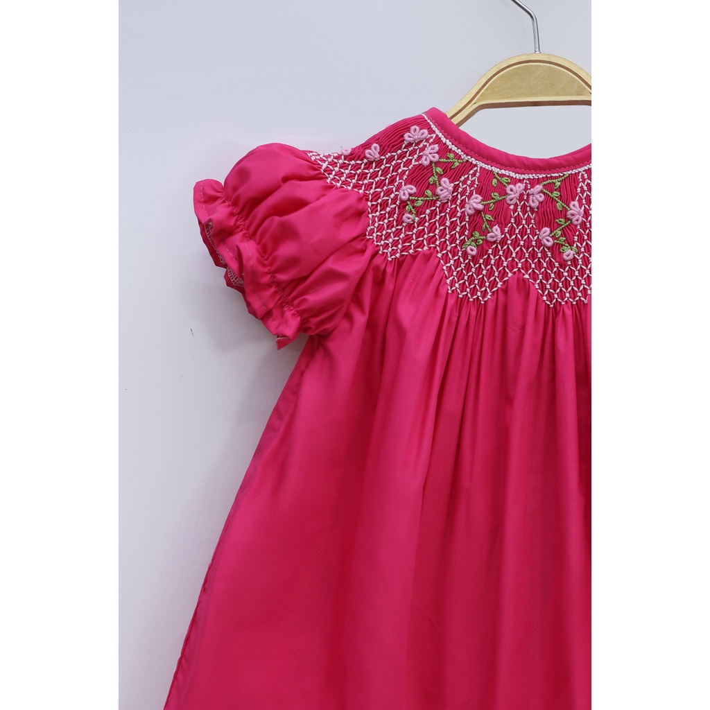 Bright Pink Smocked Bishop Dress with Tiny Flowers