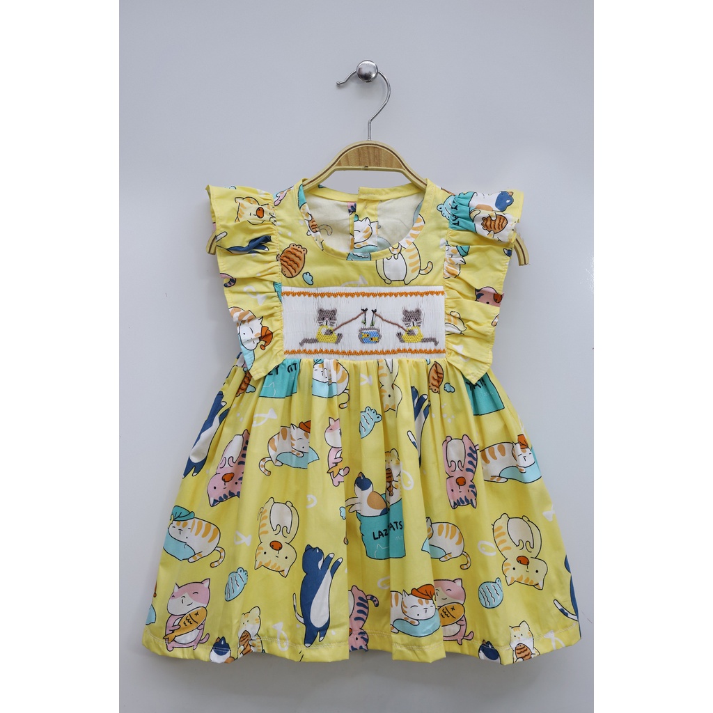 Cute Smocked Dress with Cat Motifs