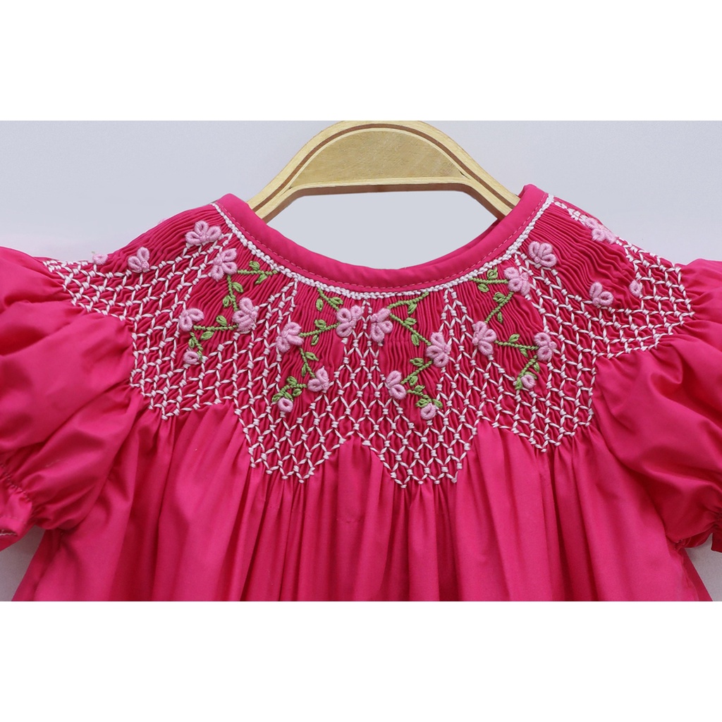 Bright Pink Smocked Bishop Dress with Tiny Flowers