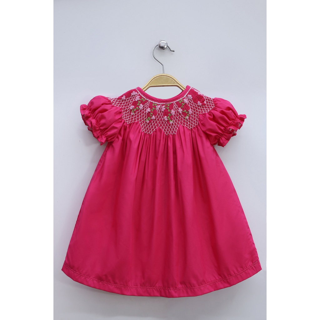 Bright Pink Smocked Bishop Dress with Tiny Flowers