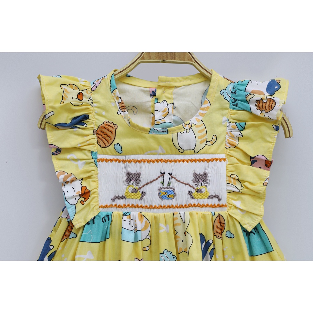 Cute Smocked Dress with Cat Motifs