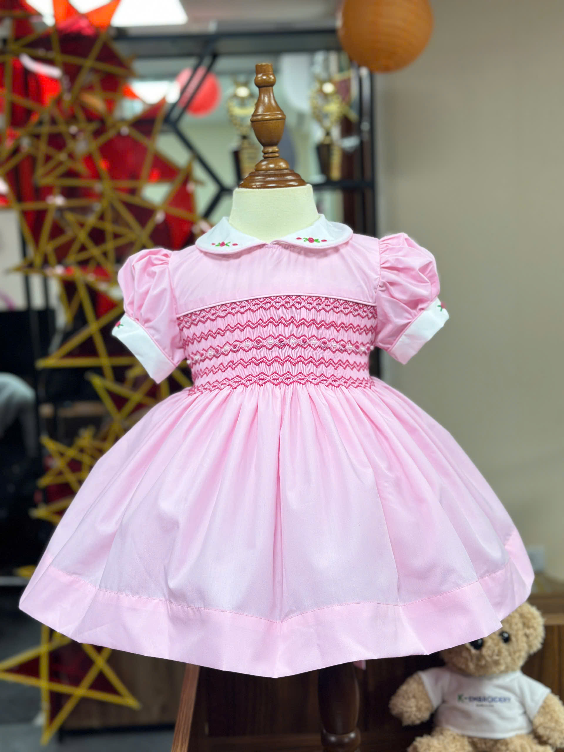 Classic Pink Geometric Smocked Baby Girl Dress