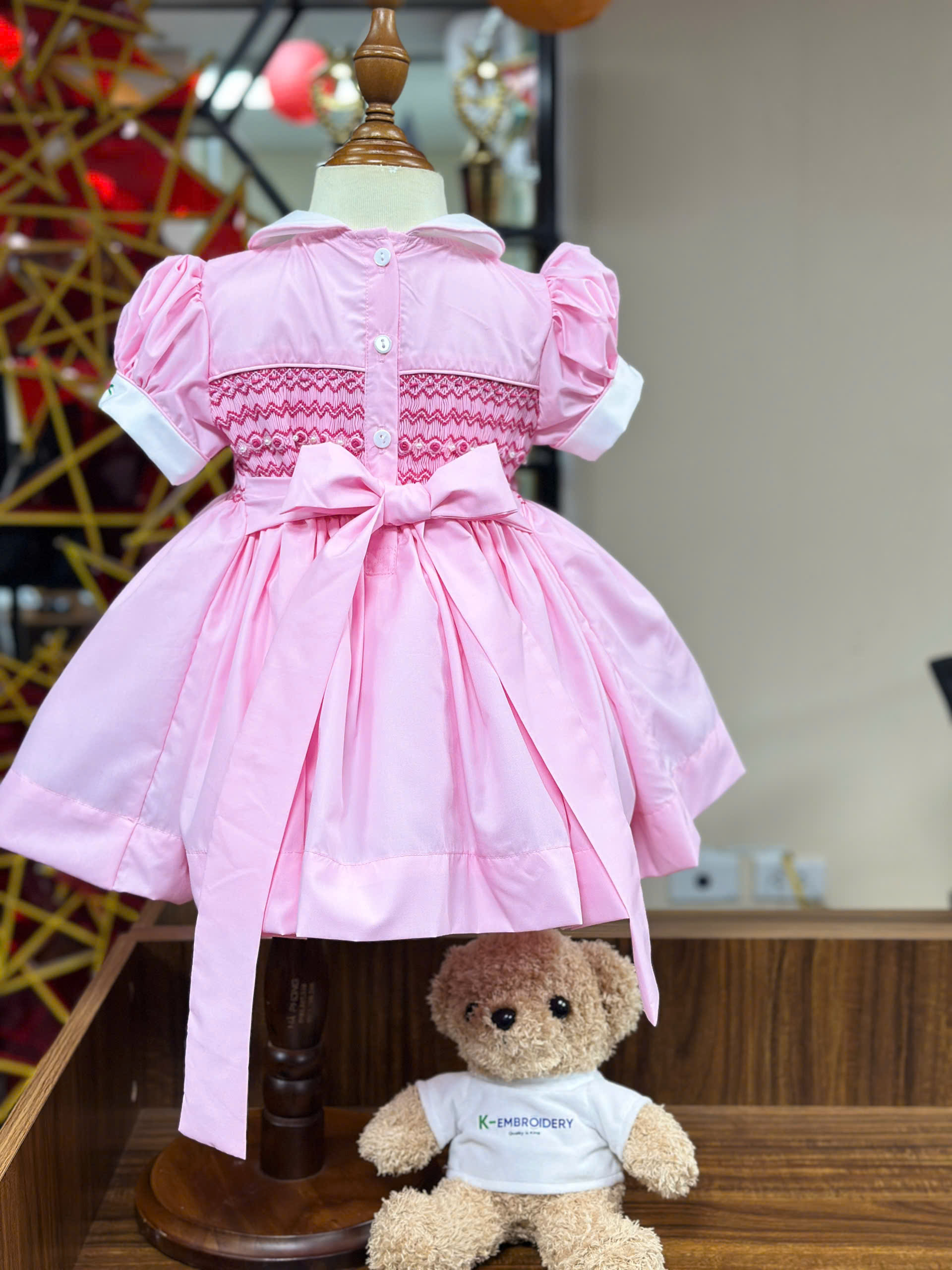 Classic Pink Geometric Smocked Baby Girl Dress