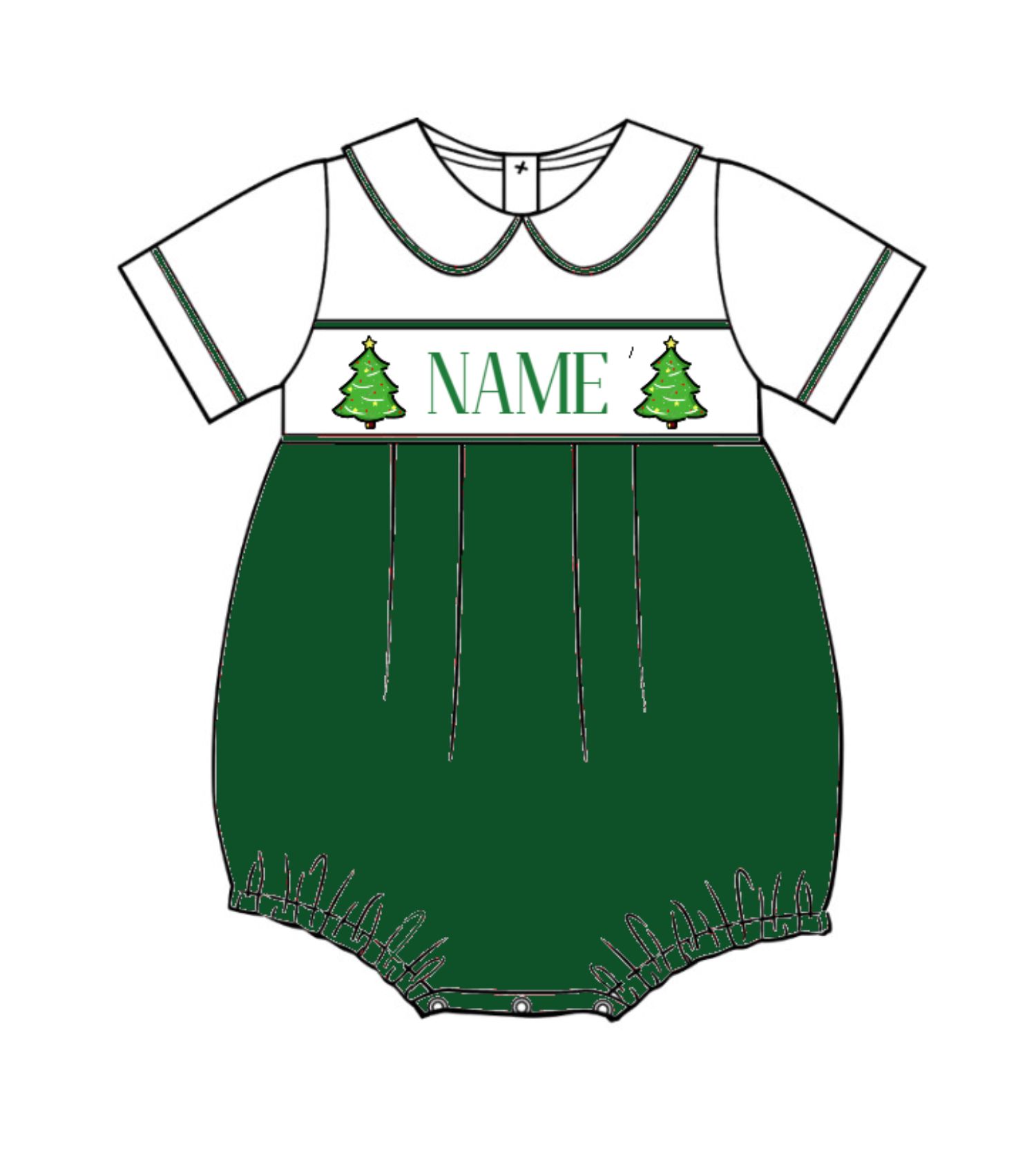 Green Boy Smocked Bubble with Pine Trees and Custom Name