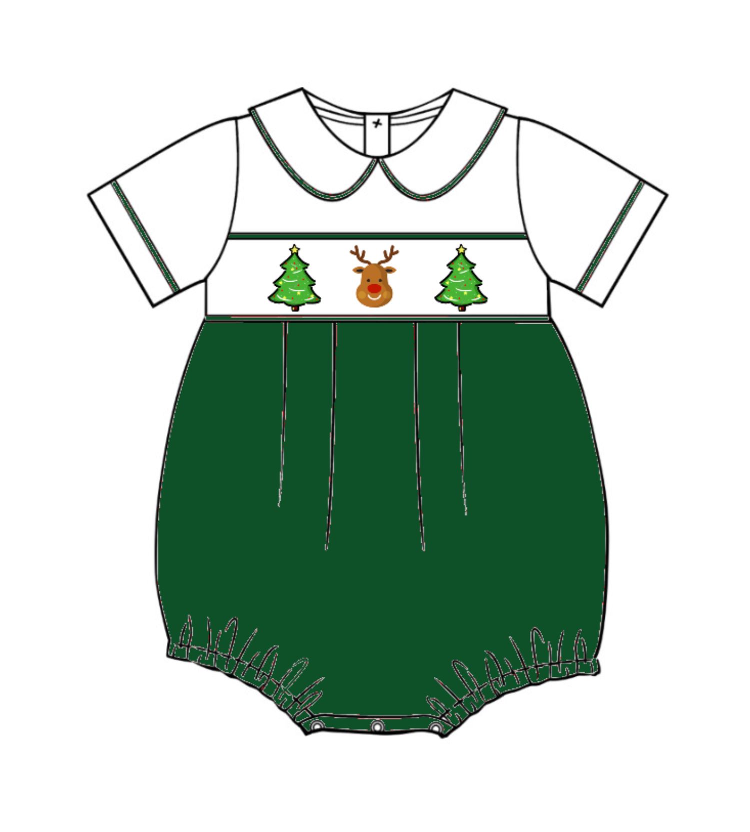 Green Boy Smocked Bubble with Pine Trees and Reindeer