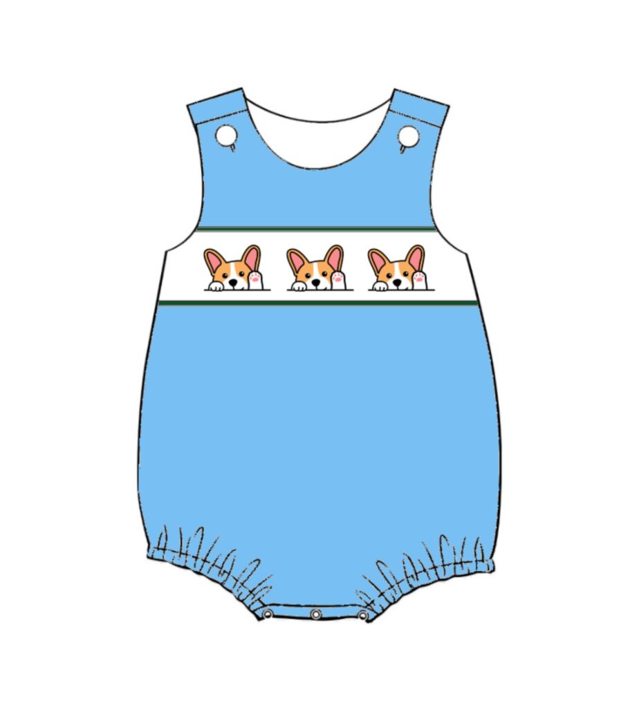 Blue Happy Dogs Custom Smocked Bubble for Boy