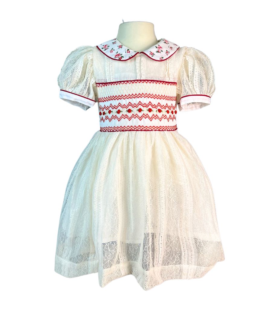 RTS11 - Geometric smocked dress white mesh fabric