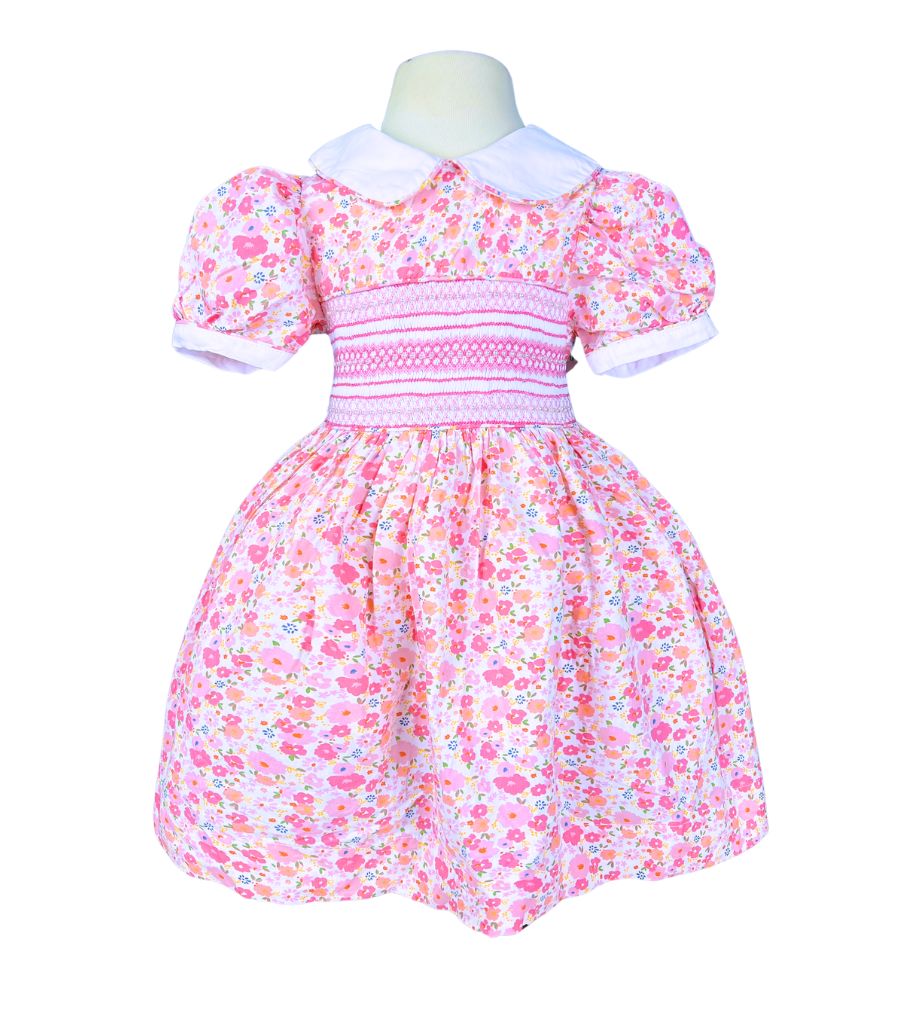 RTS08 - Pink flower geometric smocked dress