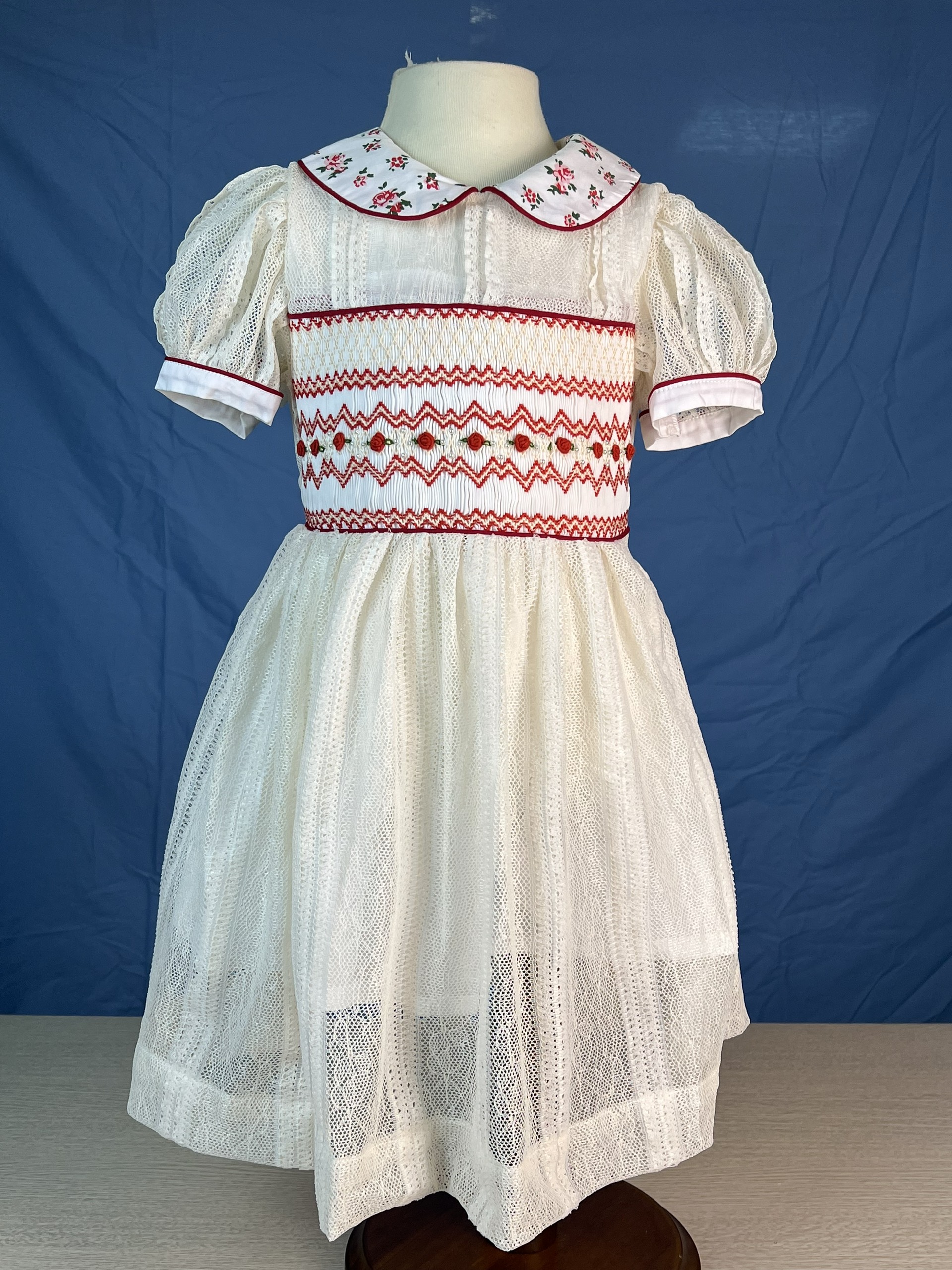 RTS11 - Geometric smocked dress white mesh fabric