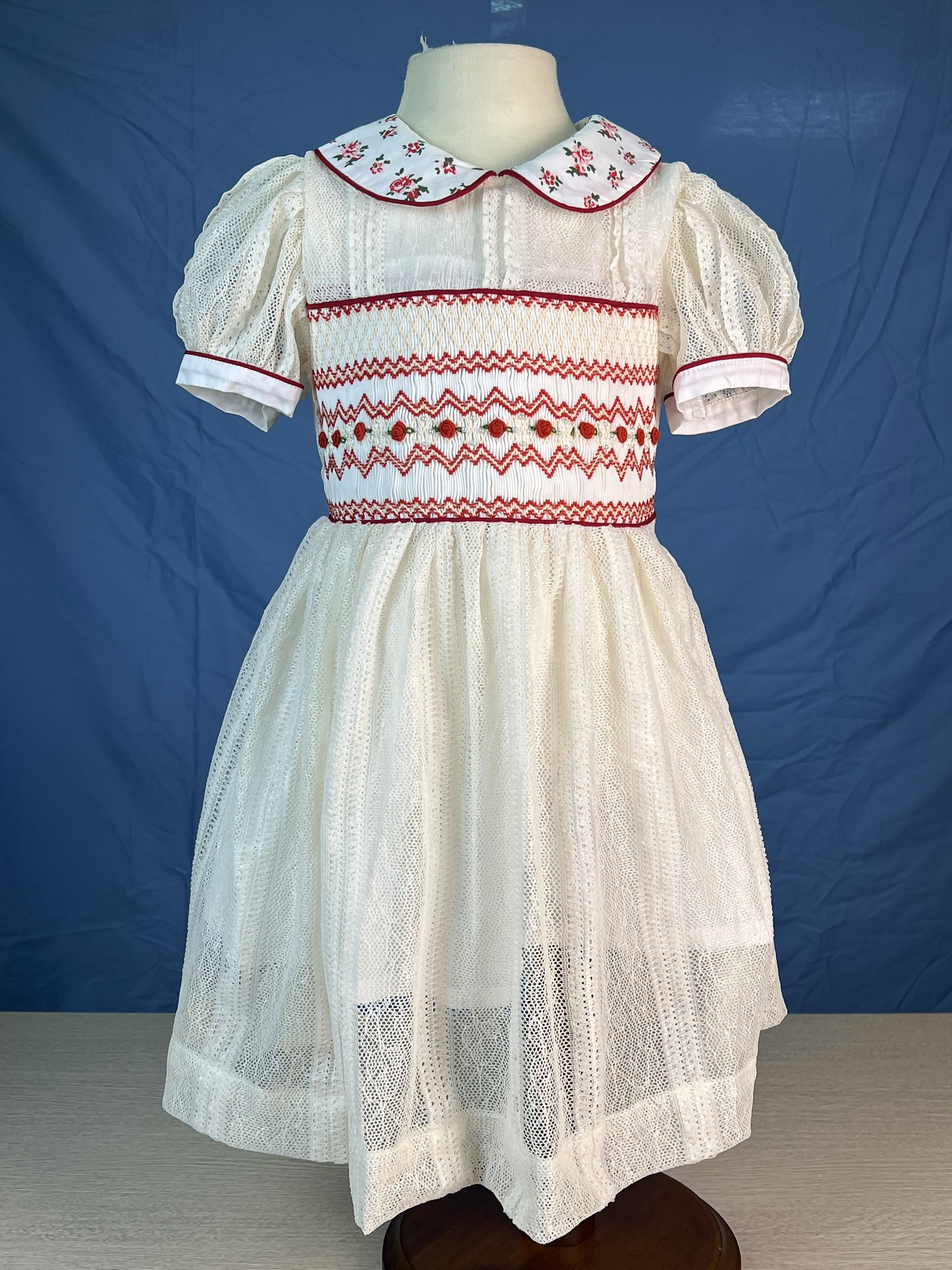 RTS11 - Geometric smocked dress white mesh fabric