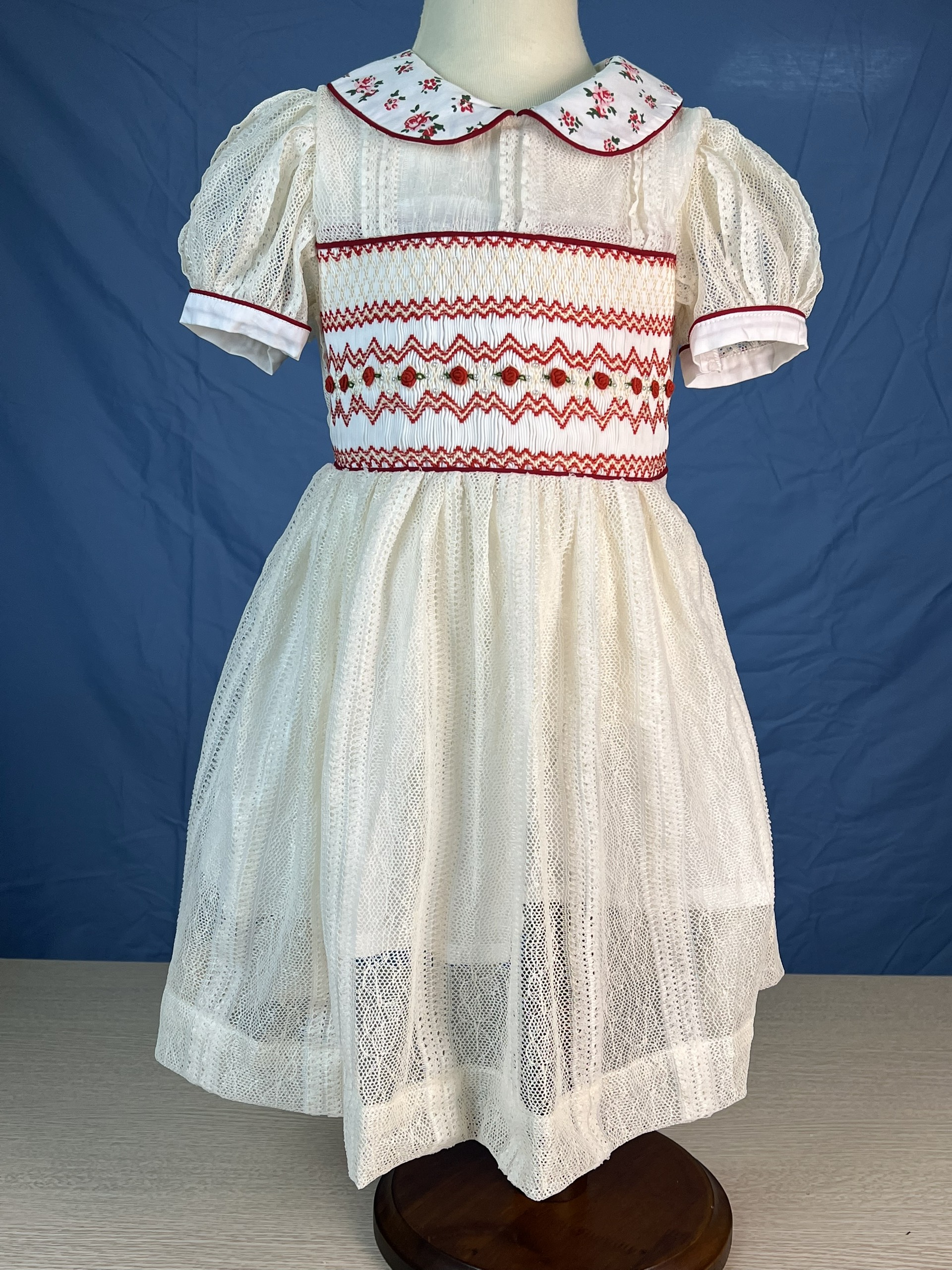 RTS11 - Geometric smocked dress white mesh fabric