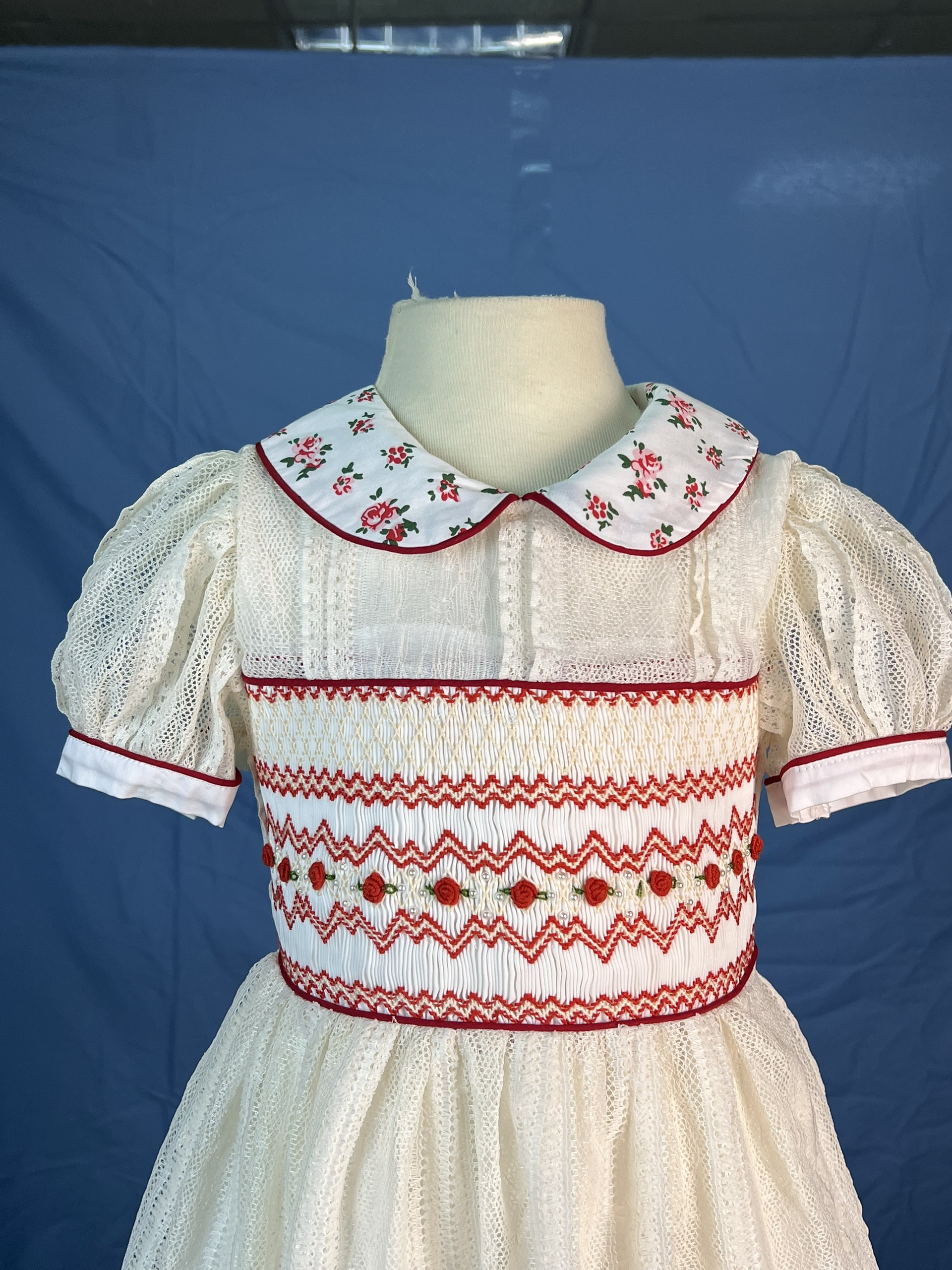 RTS11 - Geometric smocked dress white mesh fabric