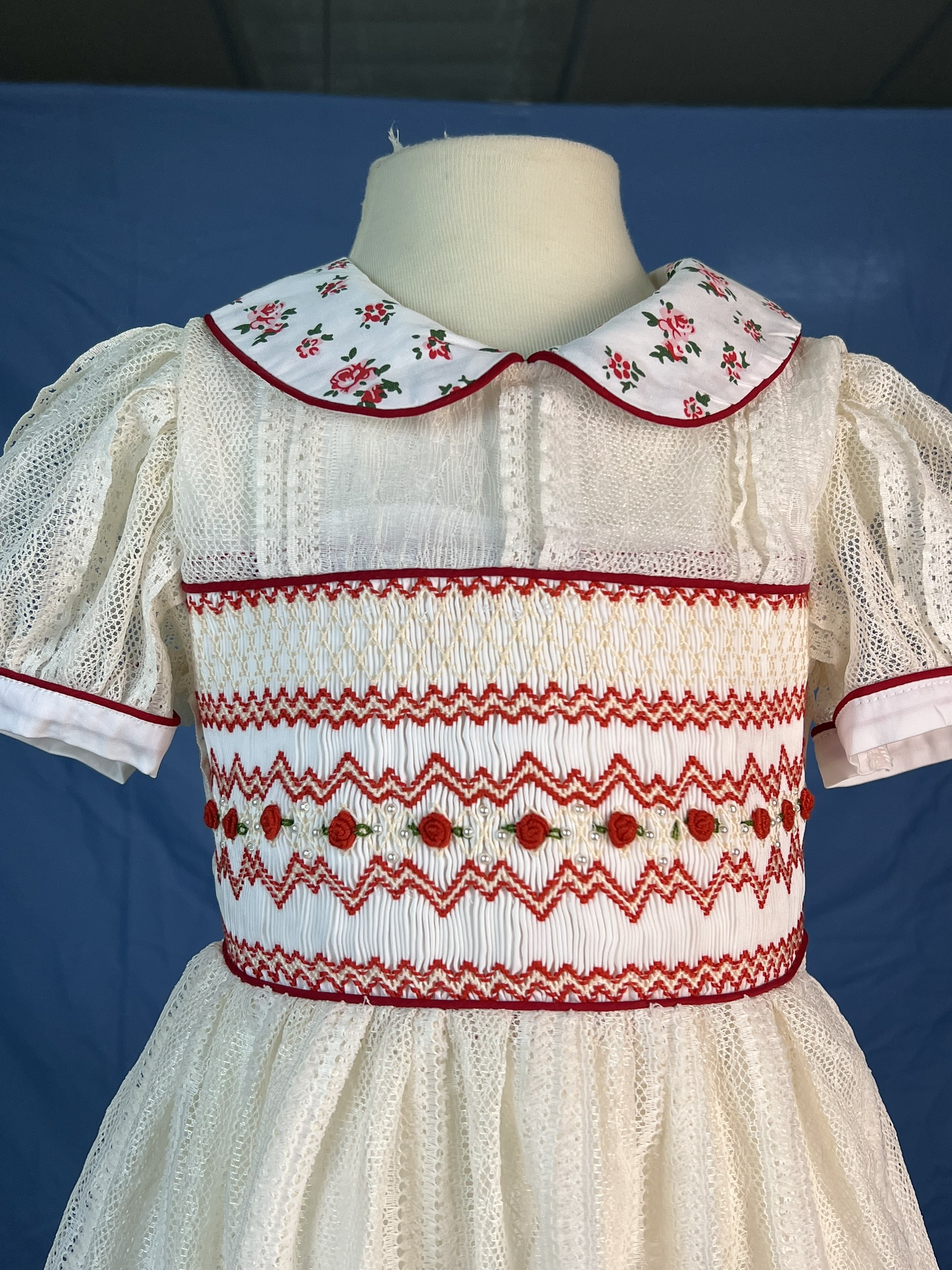 RTS11 - Geometric smocked dress white mesh fabric