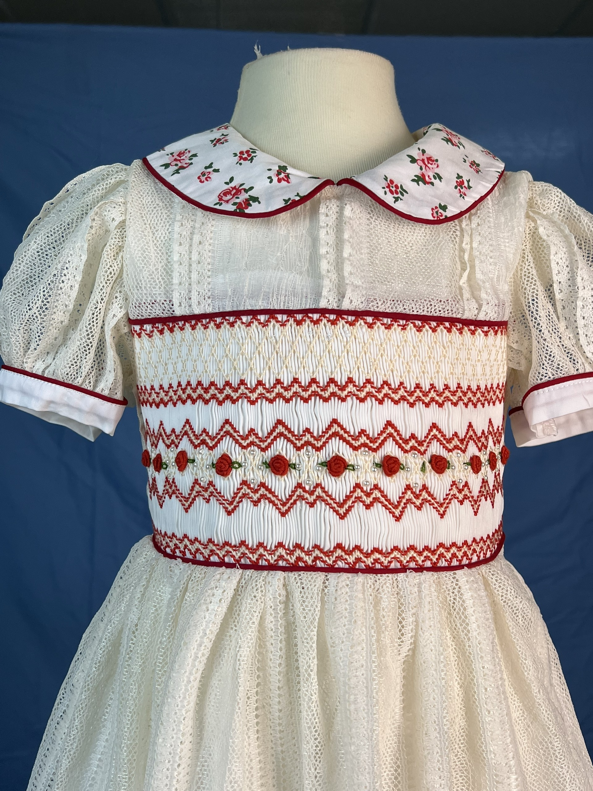 RTS11 - Geometric smocked dress white mesh fabric