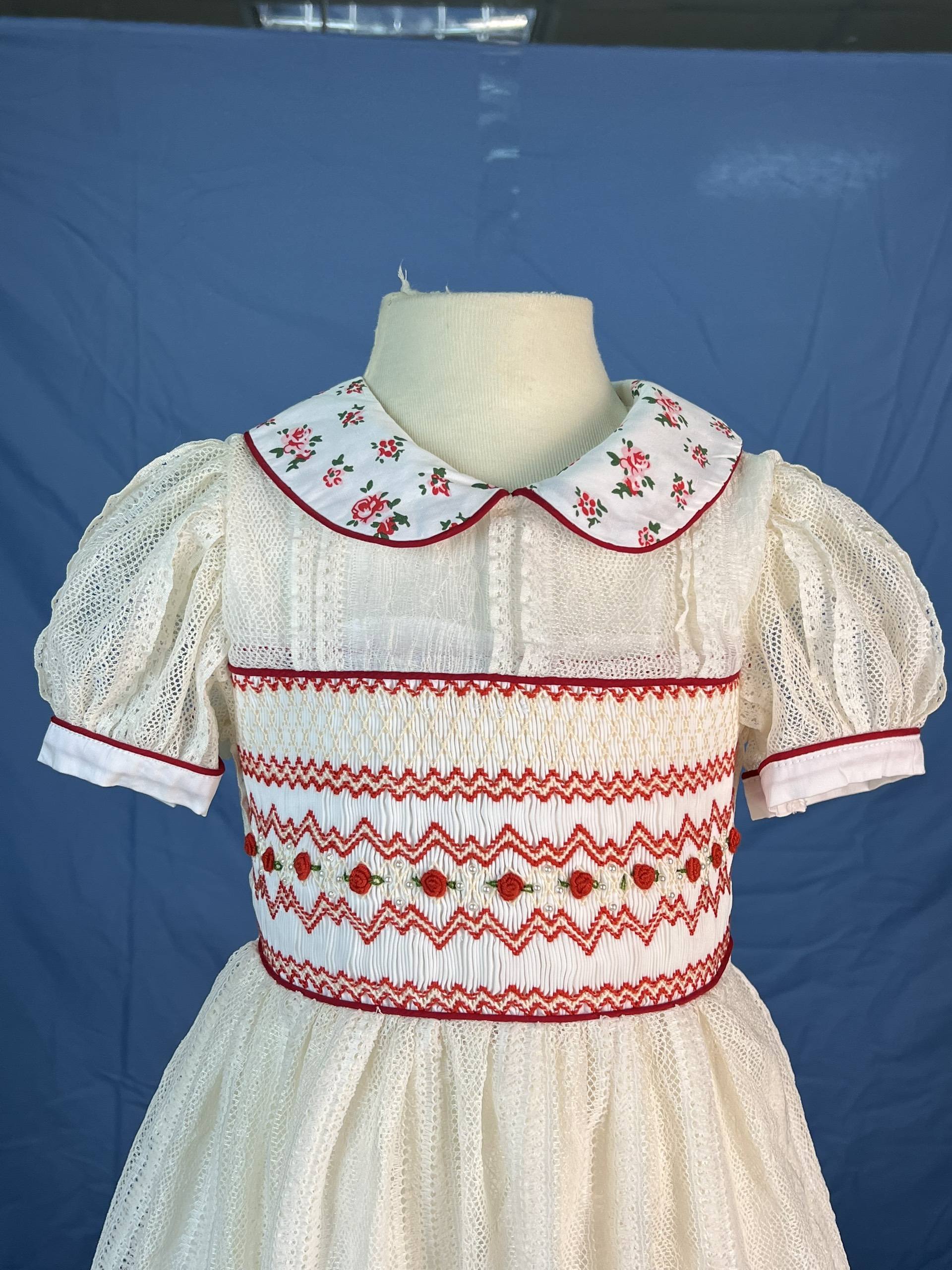 RTS11 - Geometric smocked dress white mesh fabric