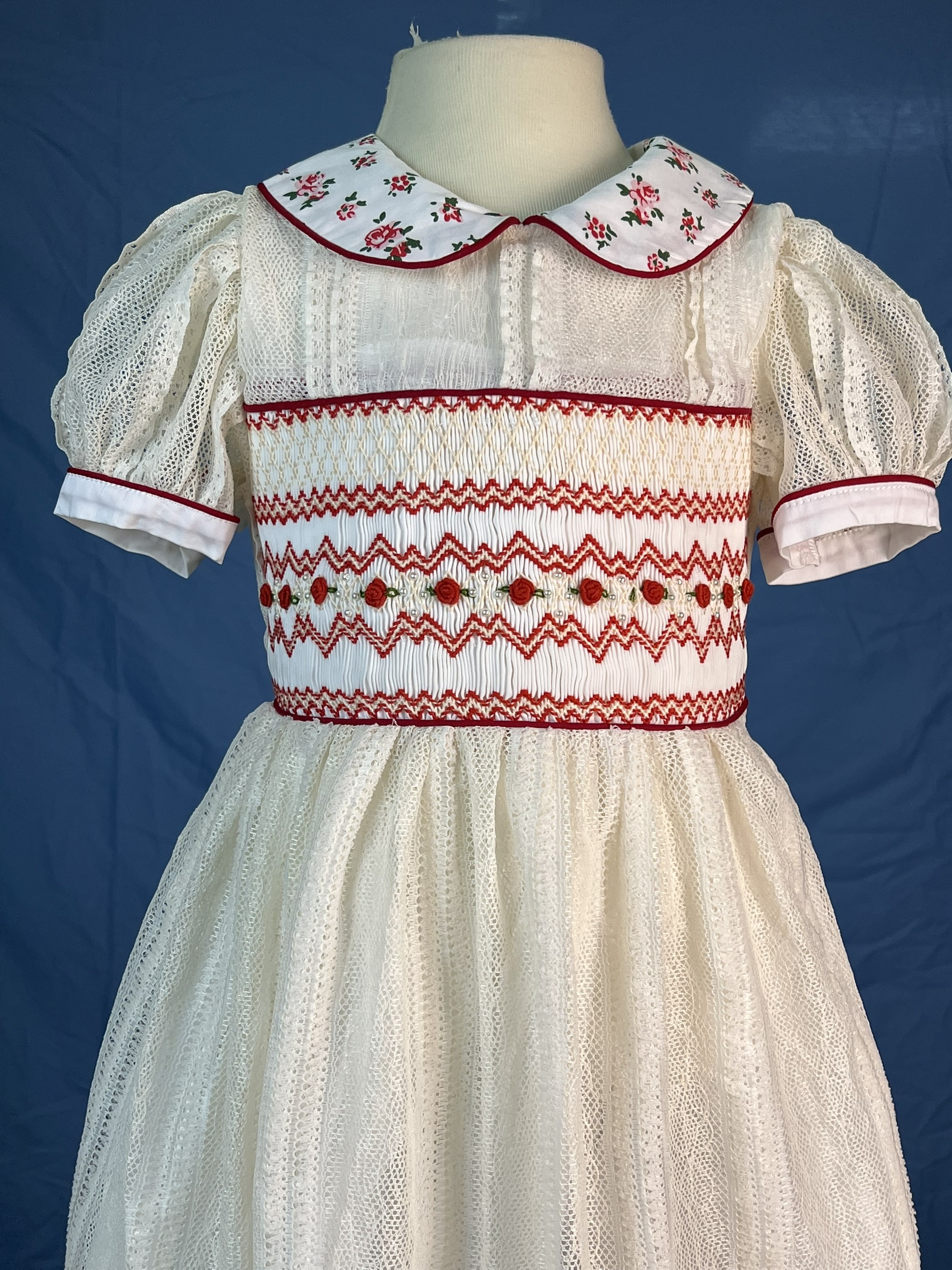 RTS11 - Geometric smocked dress white mesh fabric