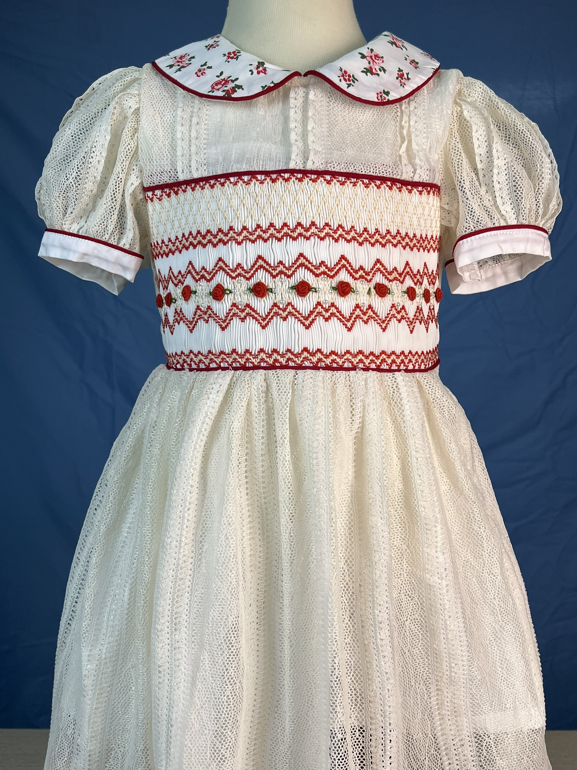 RTS11 - Geometric smocked dress white mesh fabric