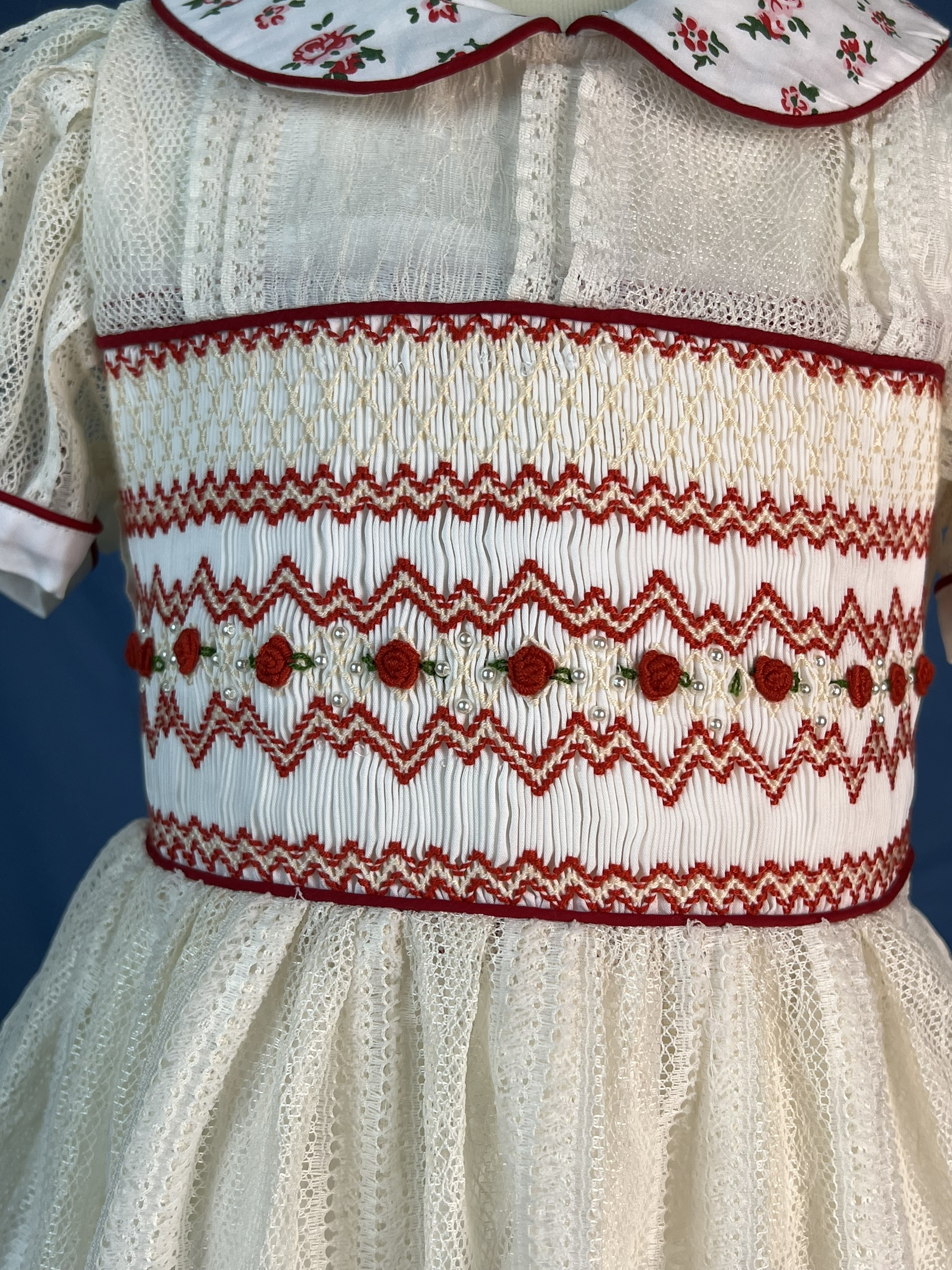 RTS11 - Geometric smocked dress white mesh fabric