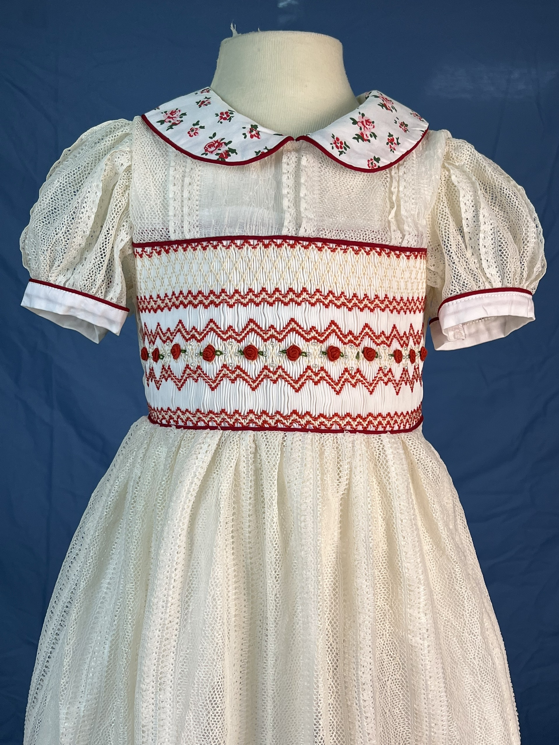 RTS11 - Geometric smocked dress white mesh fabric