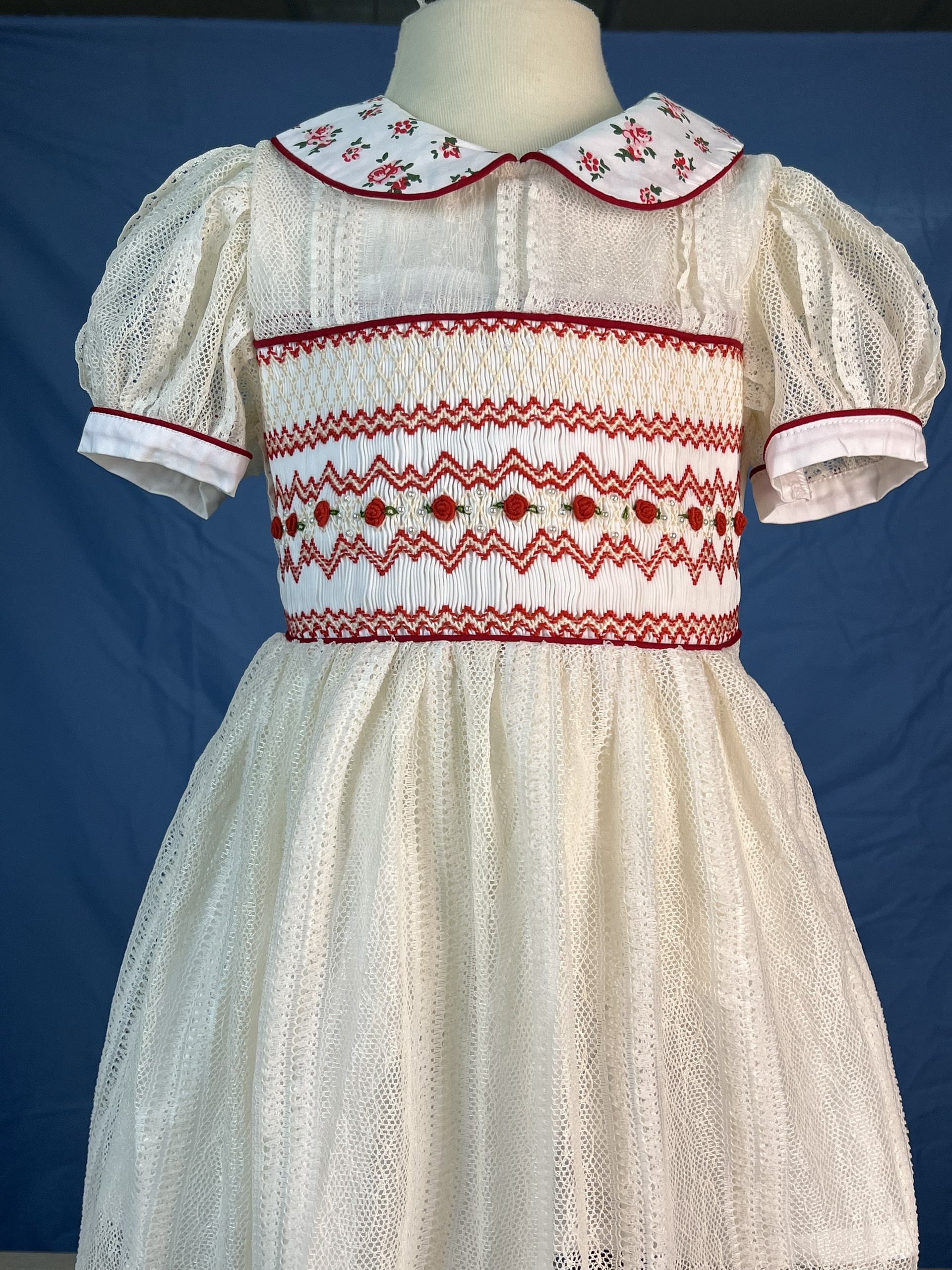 RTS11 - Geometric smocked dress white mesh fabric