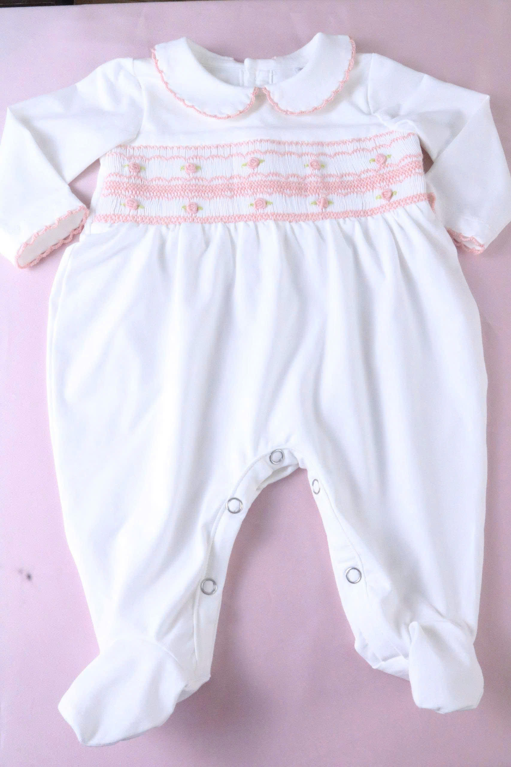Handmade Smocked Infant Footie with Floral Embroidery