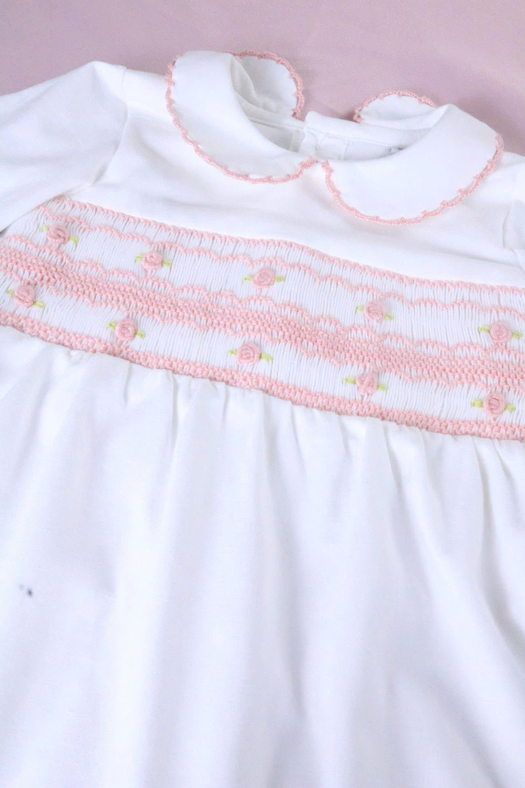 Handmade Smocked Infant Footie with Floral Embroidery