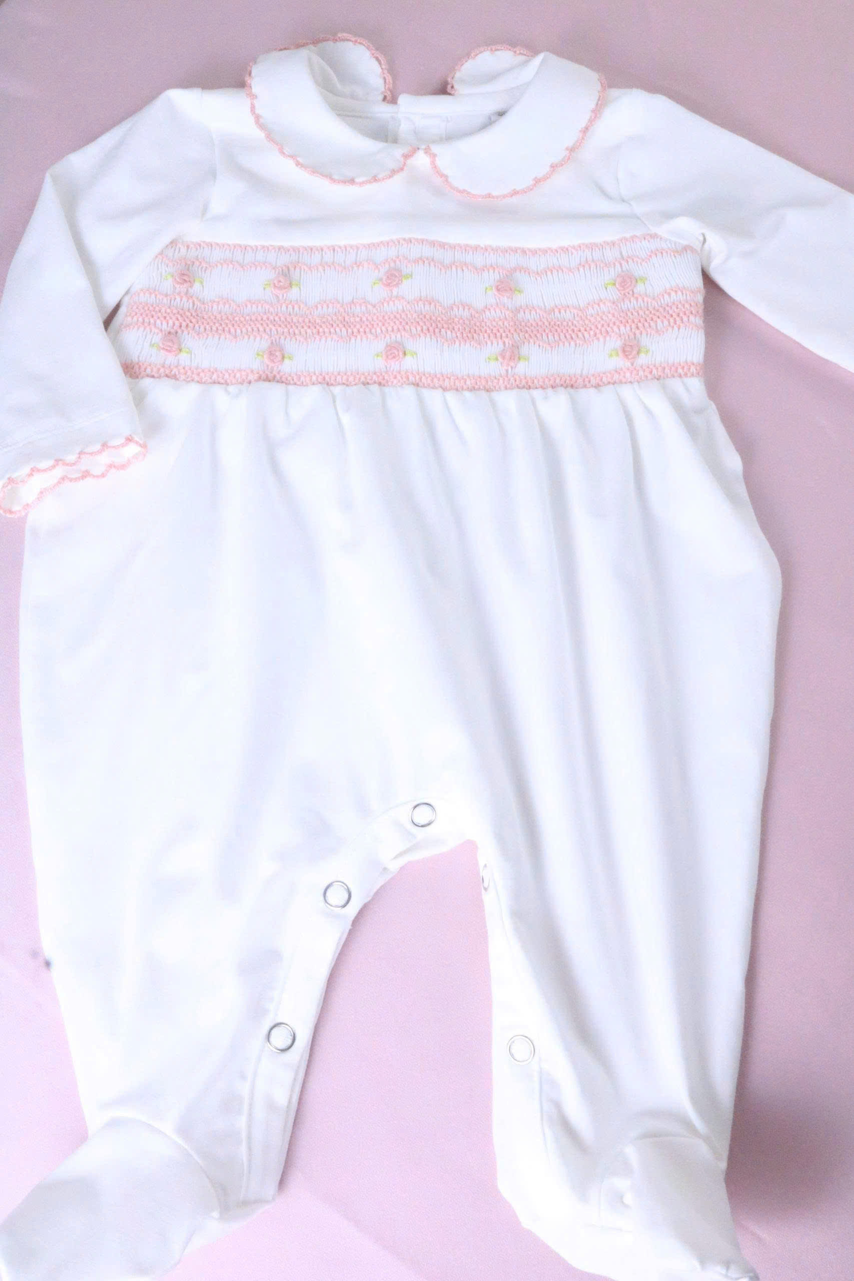 Handmade Smocked Infant Footie with Floral Embroidery