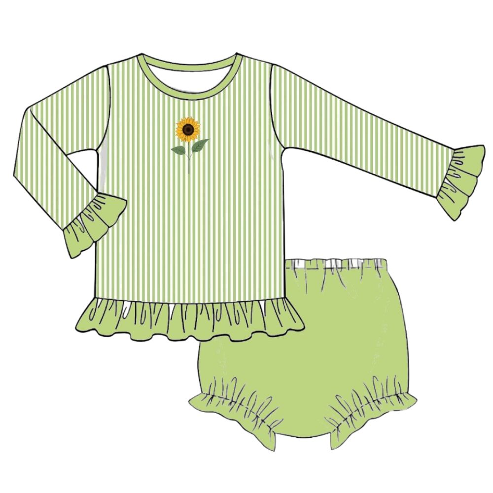 Green girls ruffle set sunflower applique embroidery