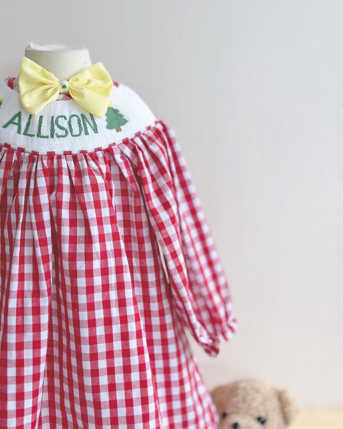 Christmas pine tree smocked bishop dress in red gingham