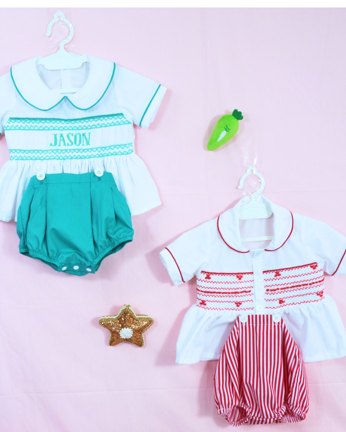 Red Geometric smocked outfits for baby girls