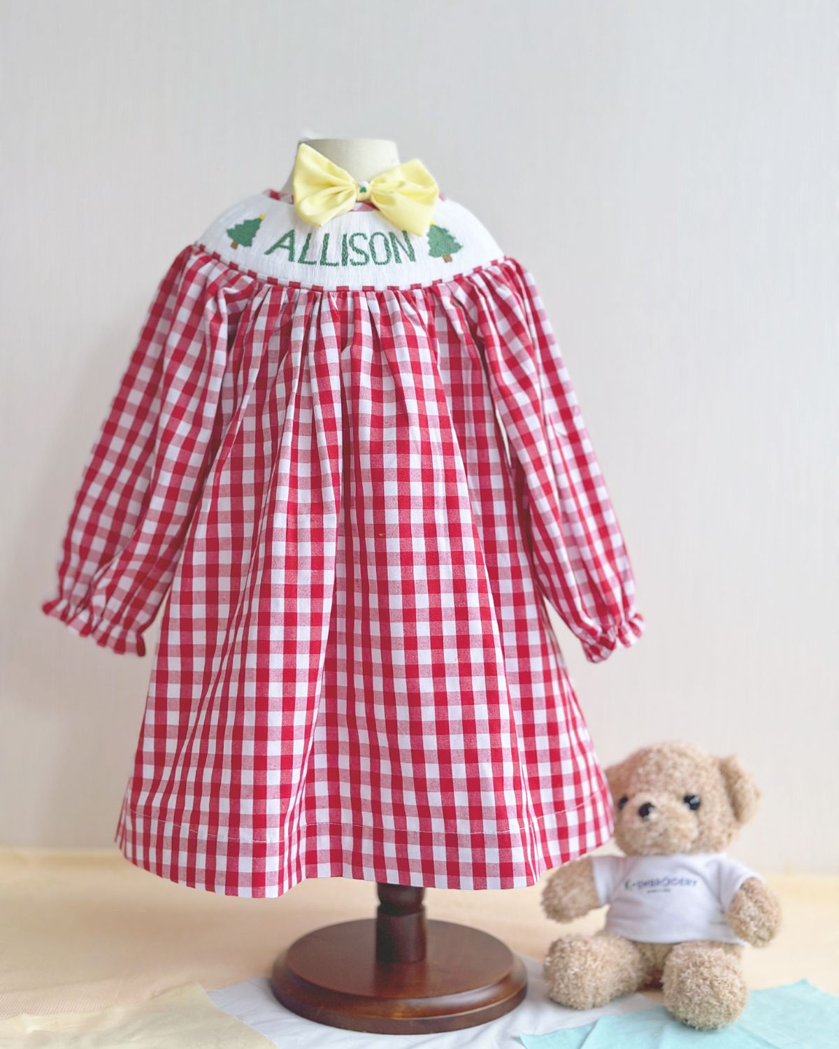 Christmas pine tree smocked bishop dress in red gingham