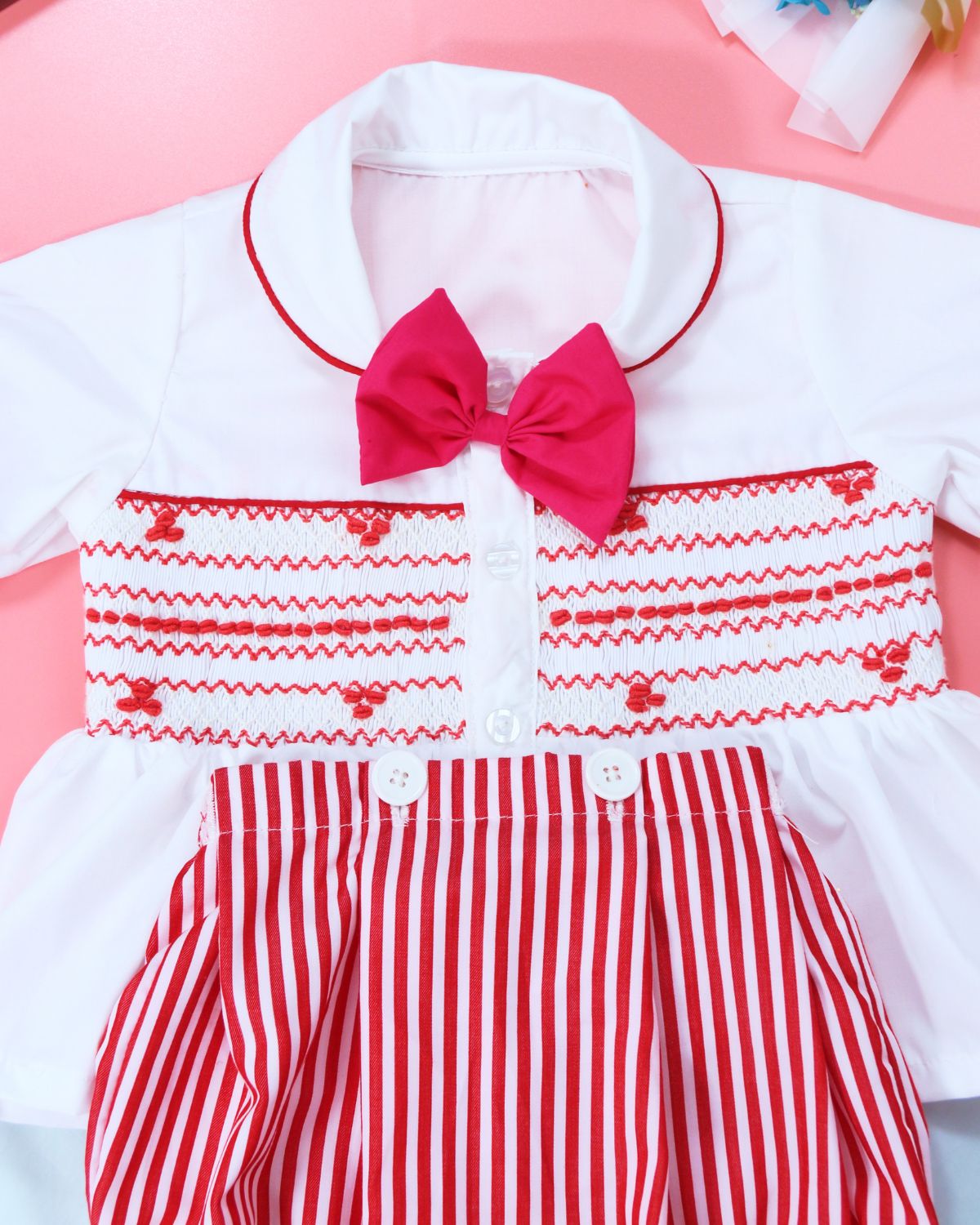 Red Geometric smocked outfits for baby girls