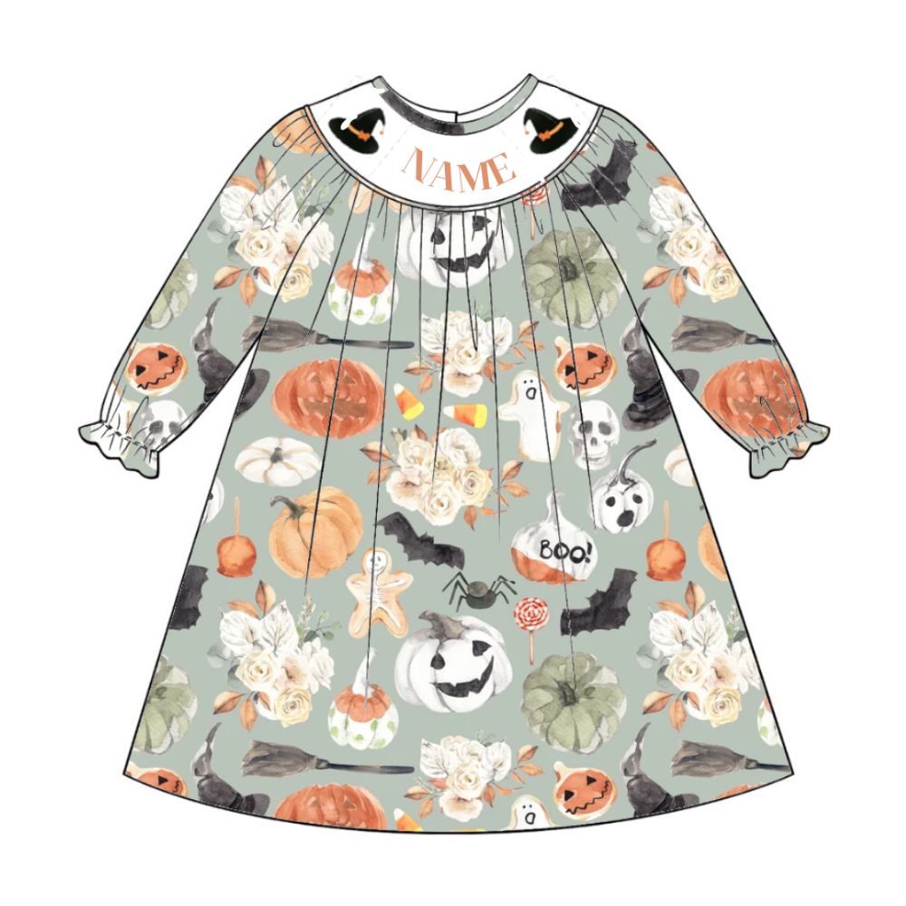 The night before Halloween smocked bishop dress