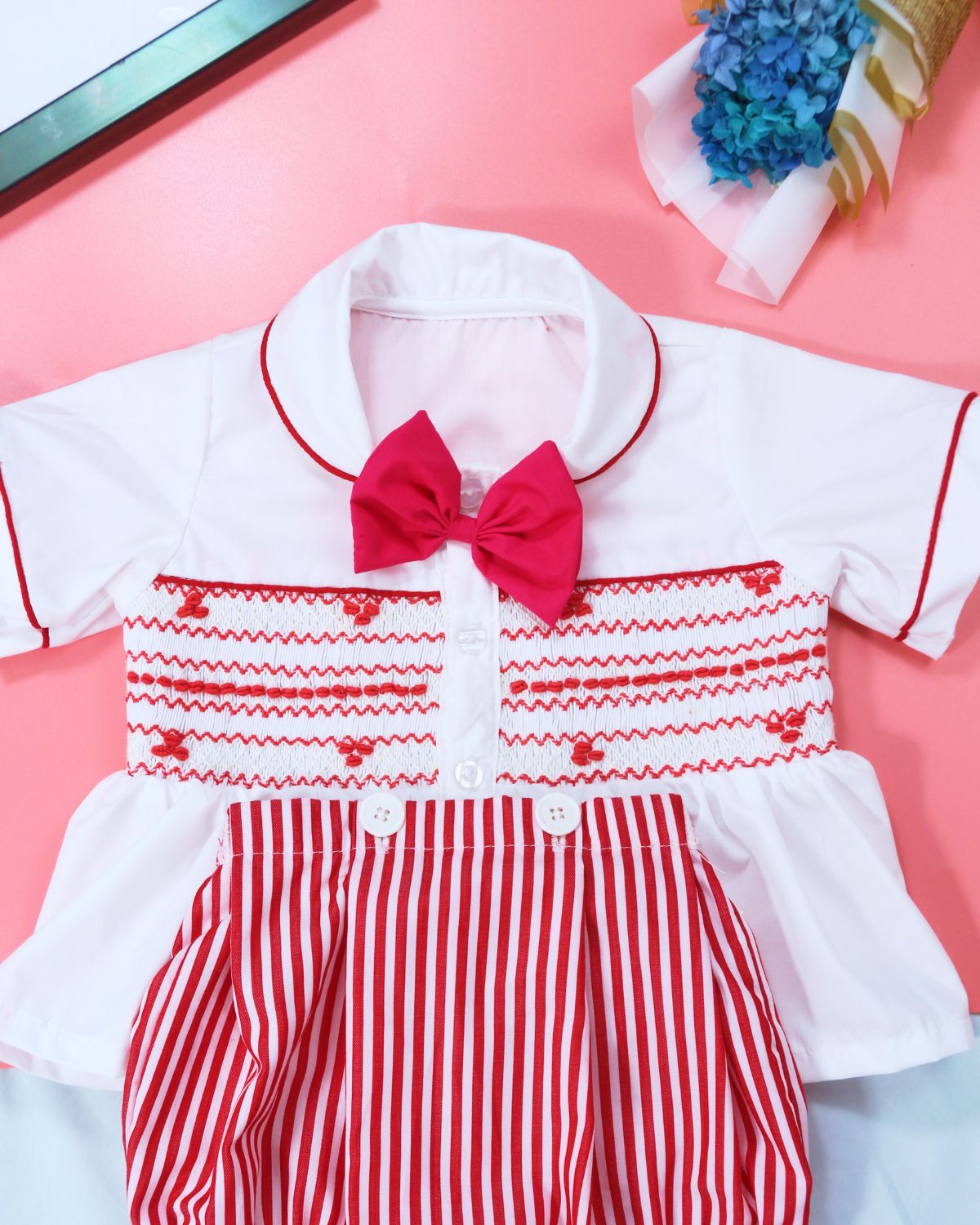 Red Geometric smocked outfits for baby girls