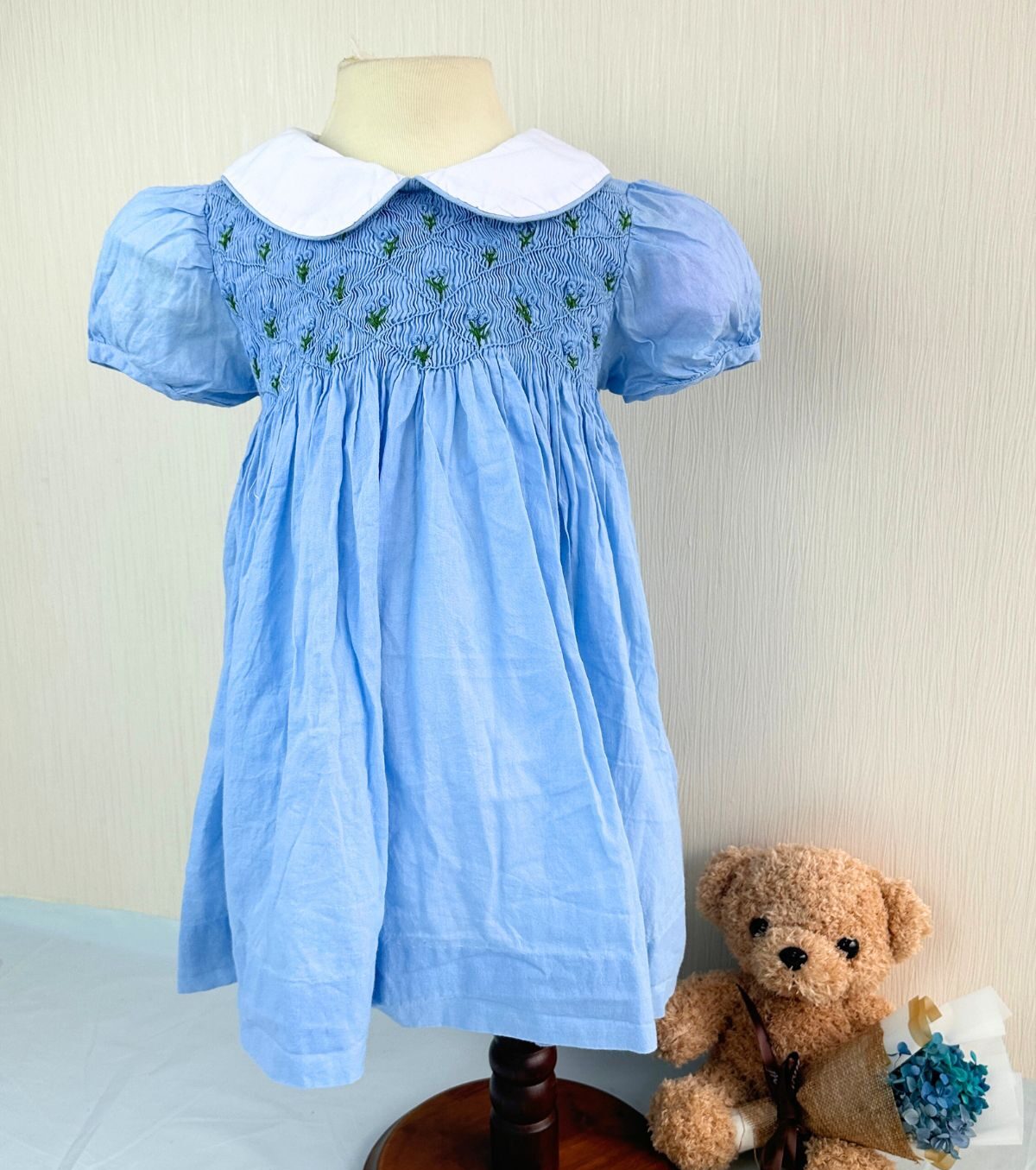 Blue flower hand embroidered smocked dress