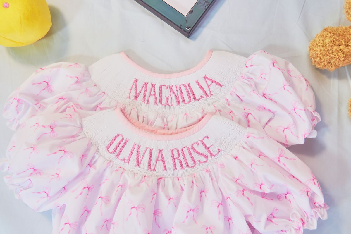 Pink bow tie custom name smocked baby girls rompers