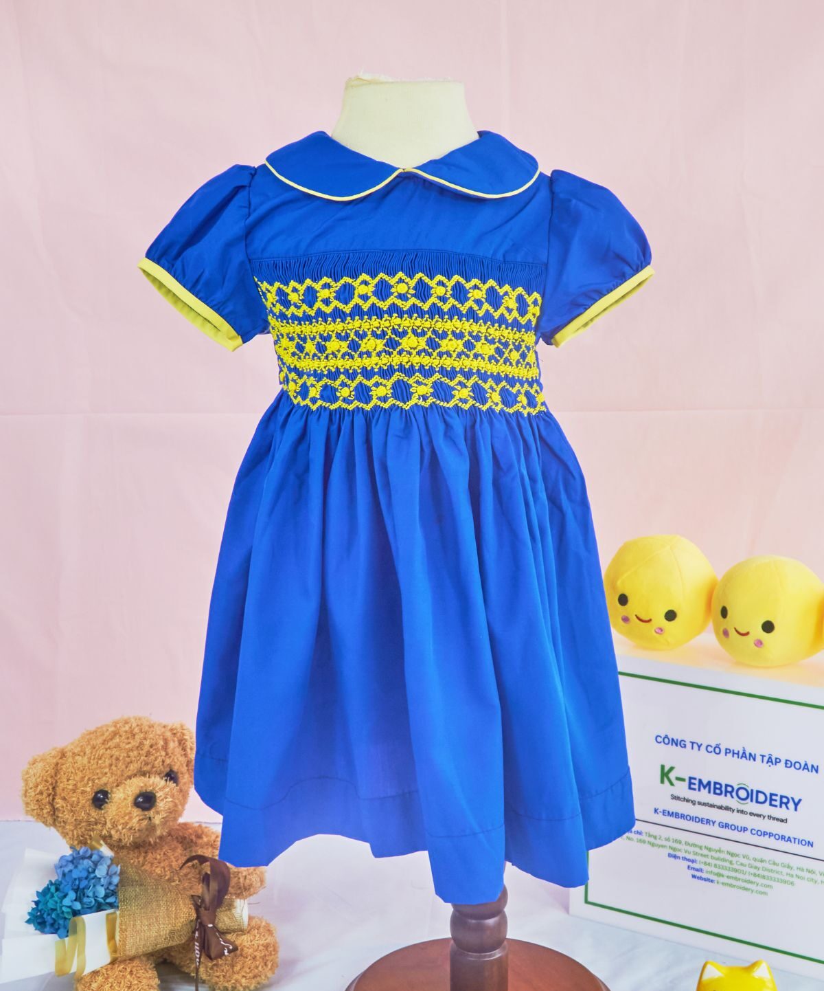 Dark blue geometric smocked dress for girls