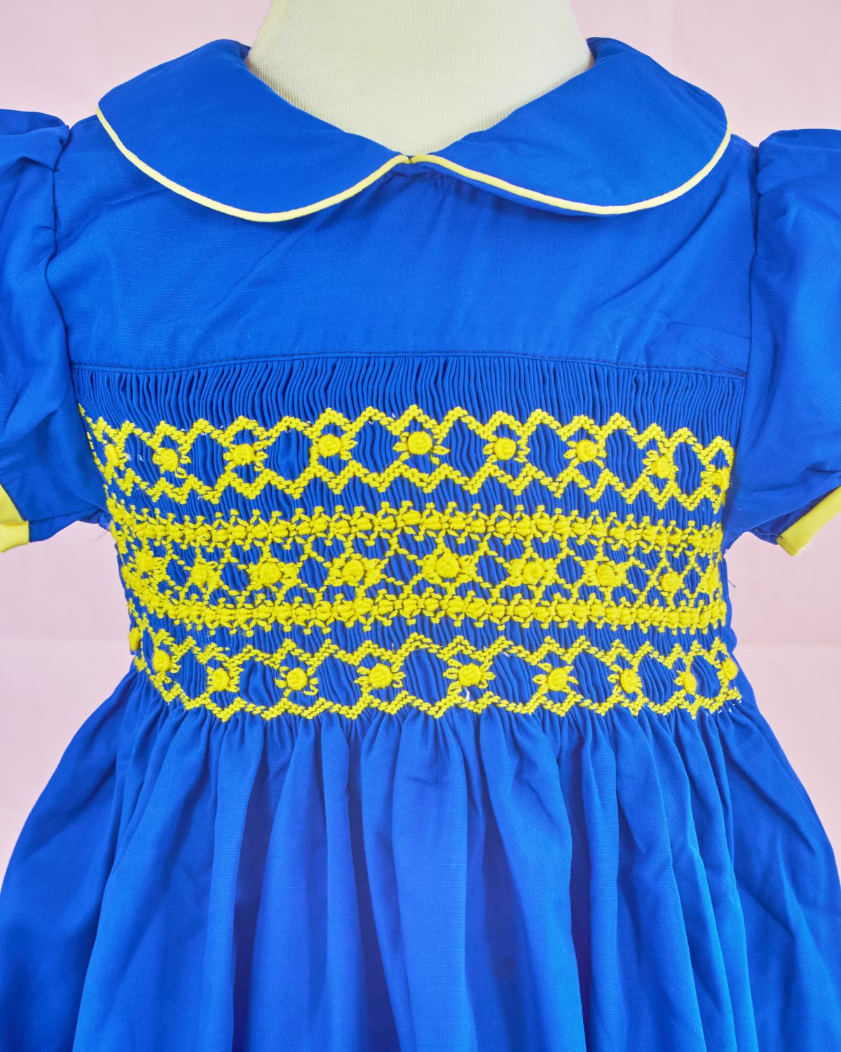 Dark blue geometric smocked dress for girls