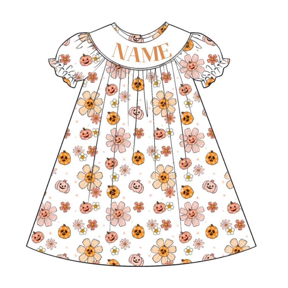 Pumpkins printed fabric custom name bishop smocked dress