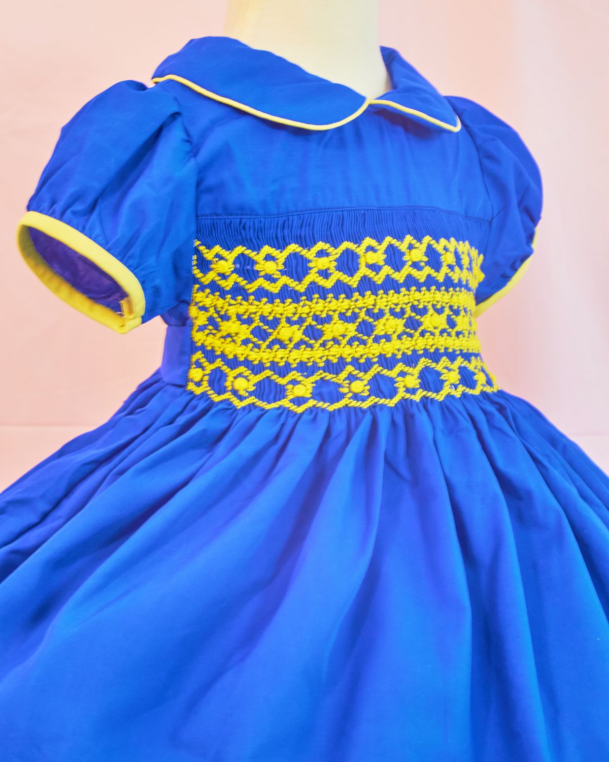 Dark blue geometric smocked dress for girls