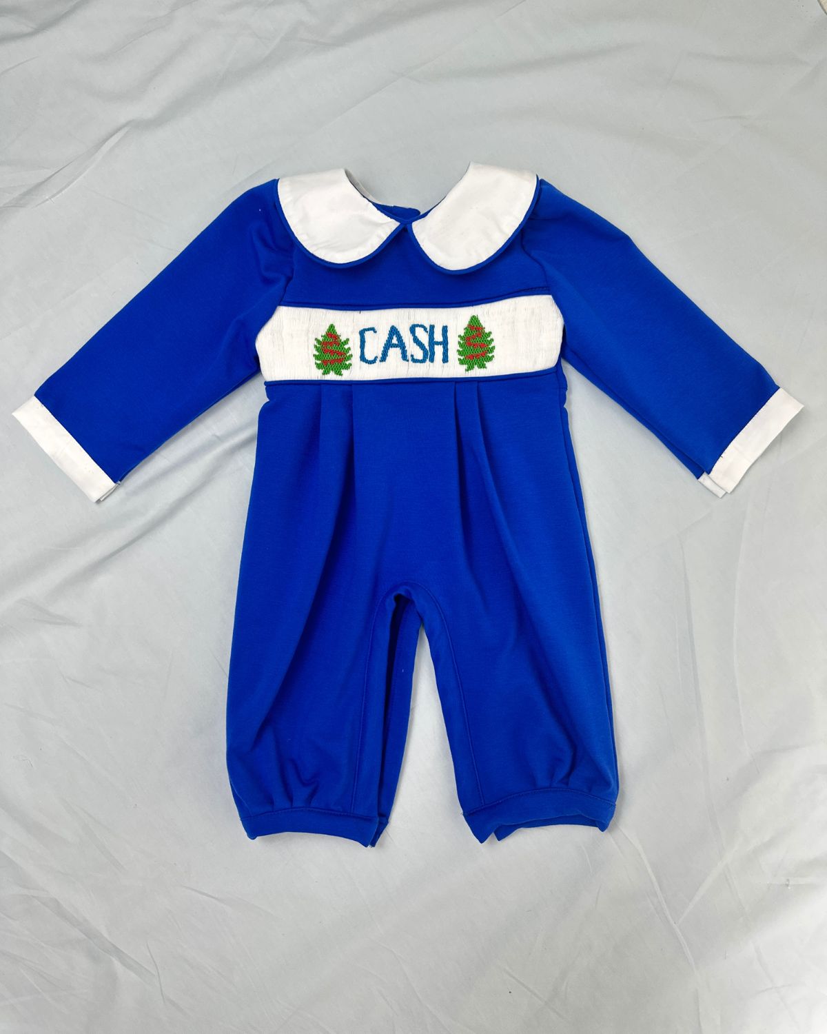 Pine tree custom name boy smocked rompers