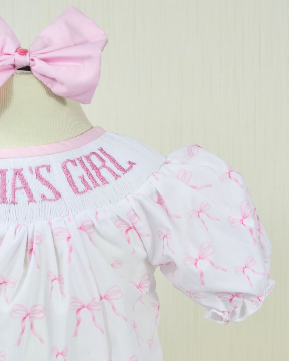 Pink bow tie custom name smocked baby girls rompers