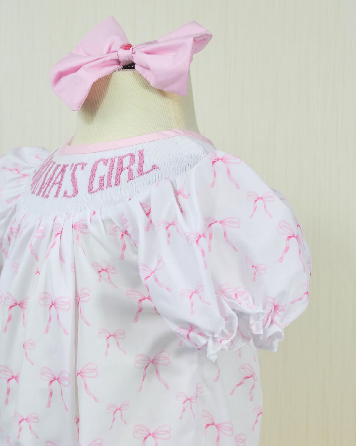 Pink bow tie custom name smocked baby girls rompers