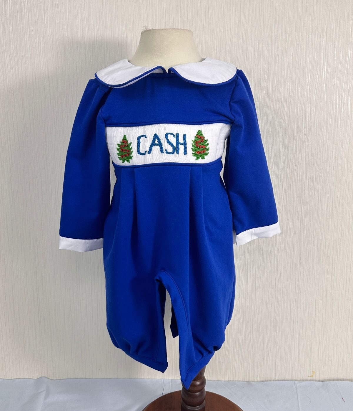 Pine tree custom name boy smocked rompers