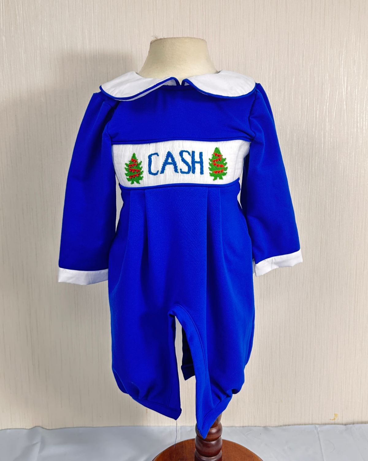 Pine tree custom name boy smocked rompers