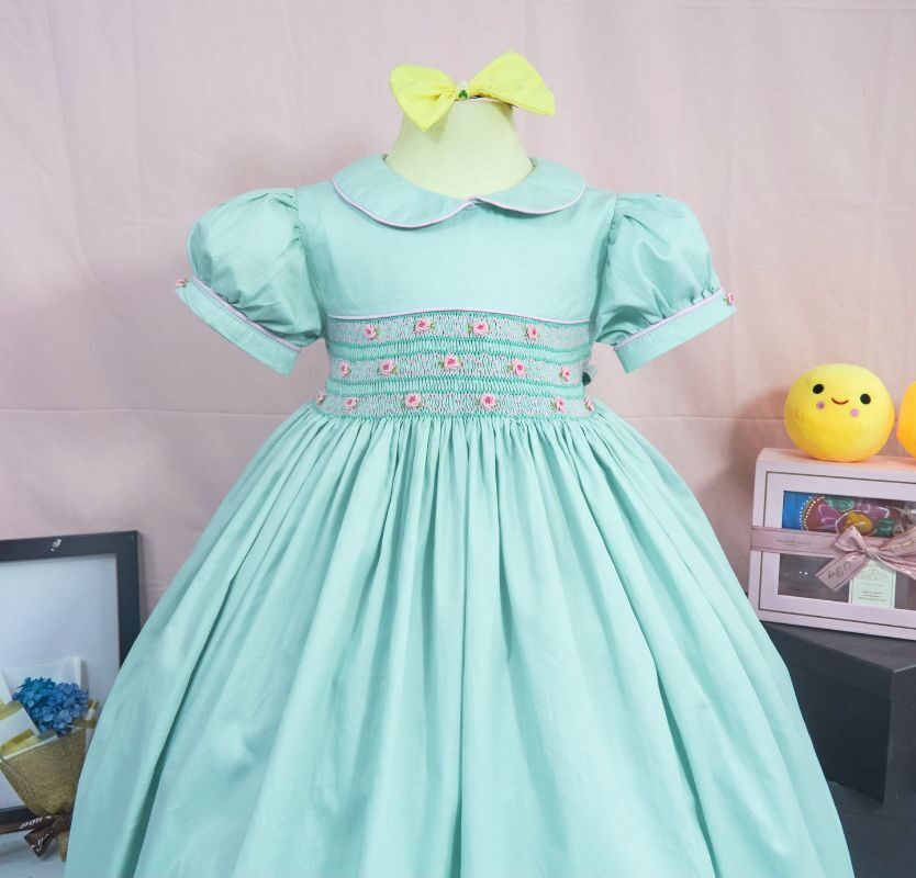 Little flower blue geometric smocked dress