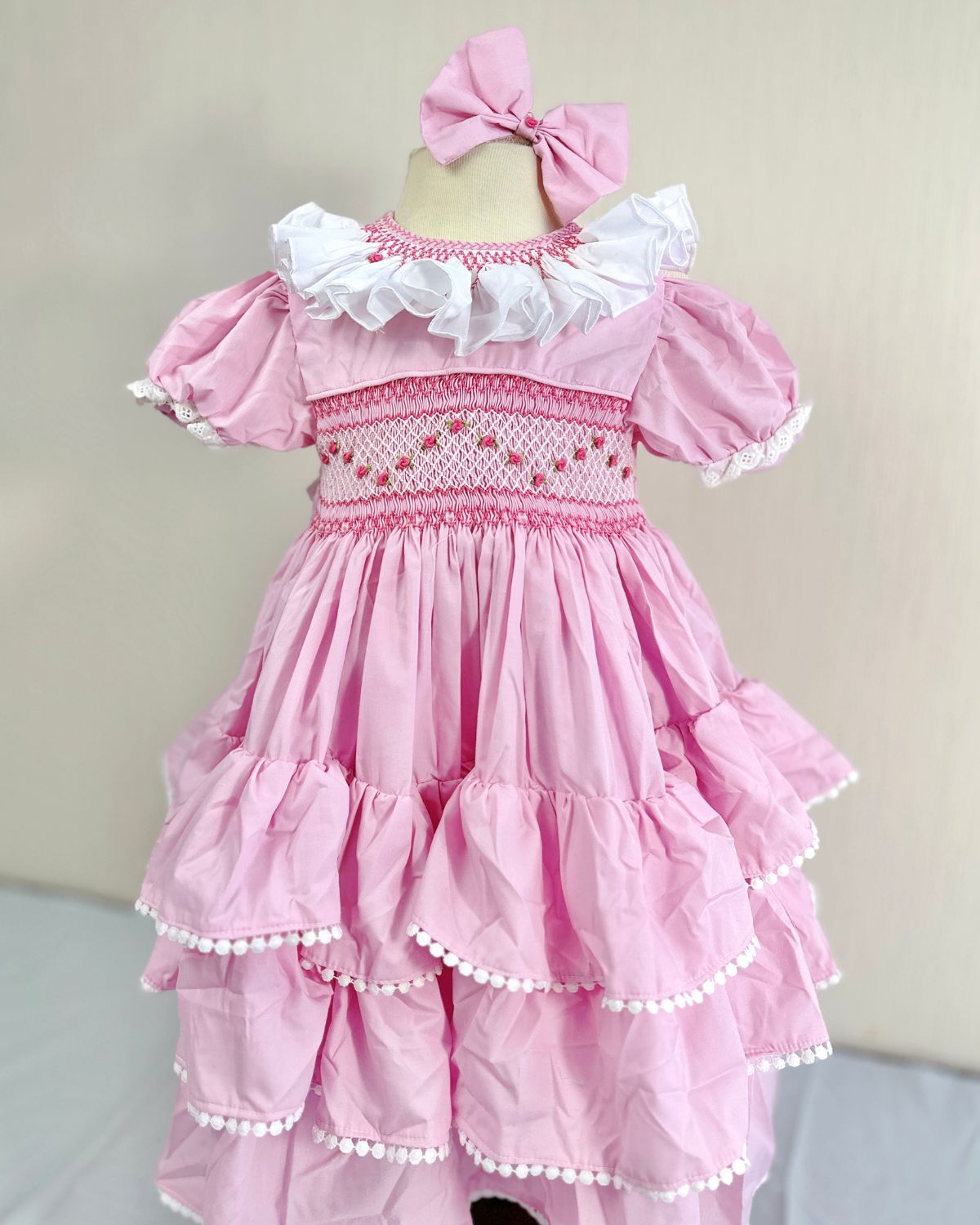 Multi-layered ruffled geometric smocked dress