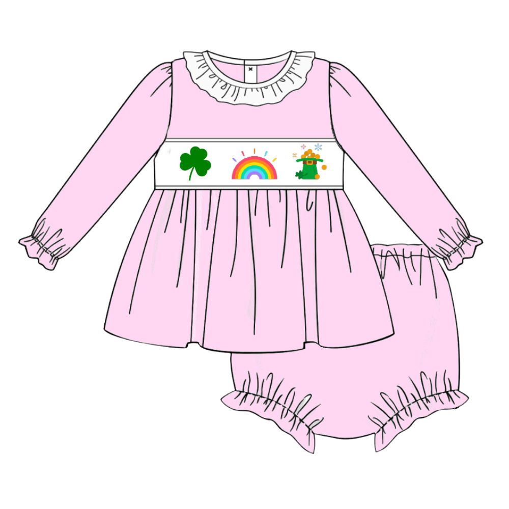 Pink girls smocked 2 piece set for St Patrick's Day