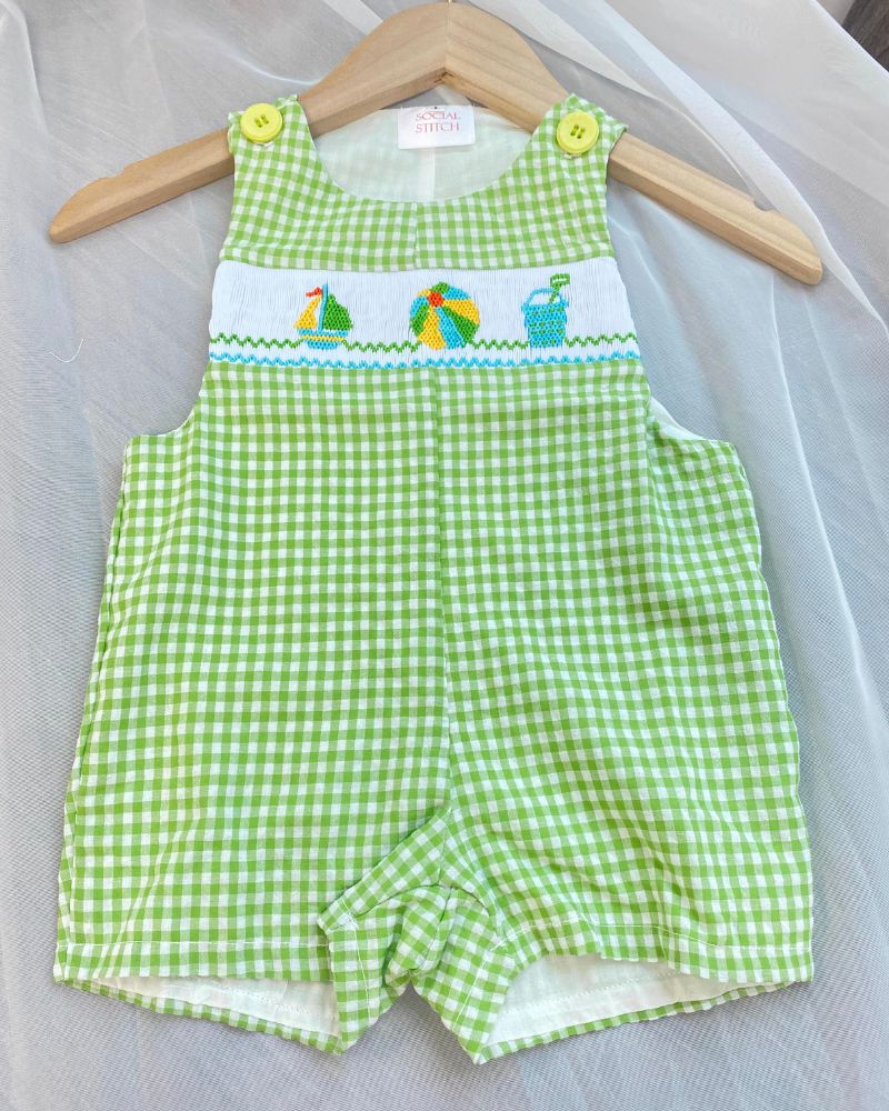 Beech boy smocked romper in green gingham